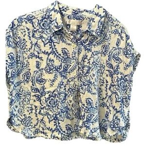 caroline constas blue and white linen button up top xl new with tag